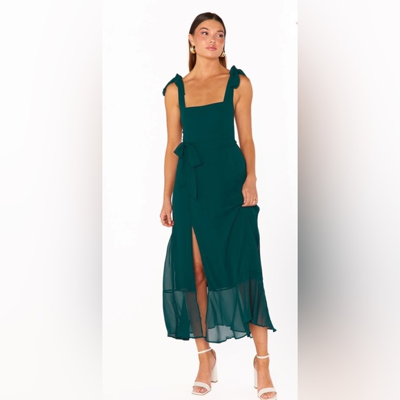SHOW ME YOUR MUMU Claire Elegant Emerald Chiffon Midi Dress Bridesmaid NWT - Picture 3 of 12